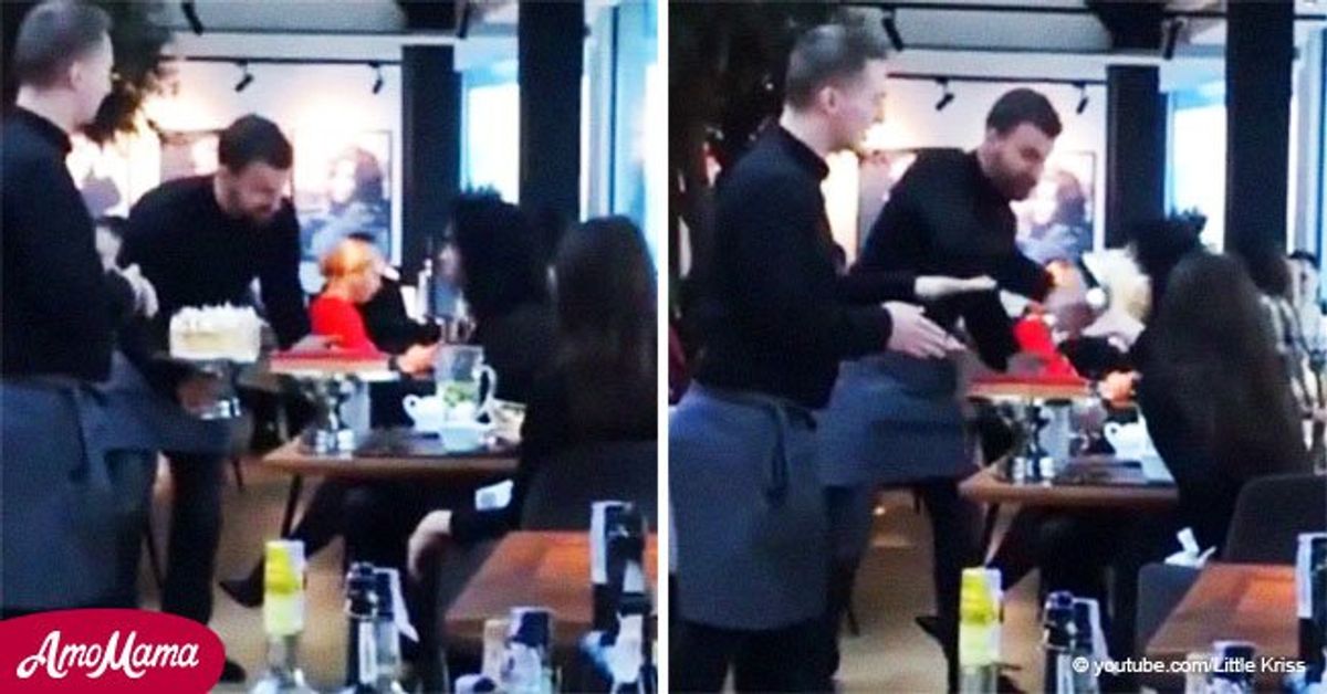 Camarero arrojó un pastel frente a una mujer escandalosa en un restaurante